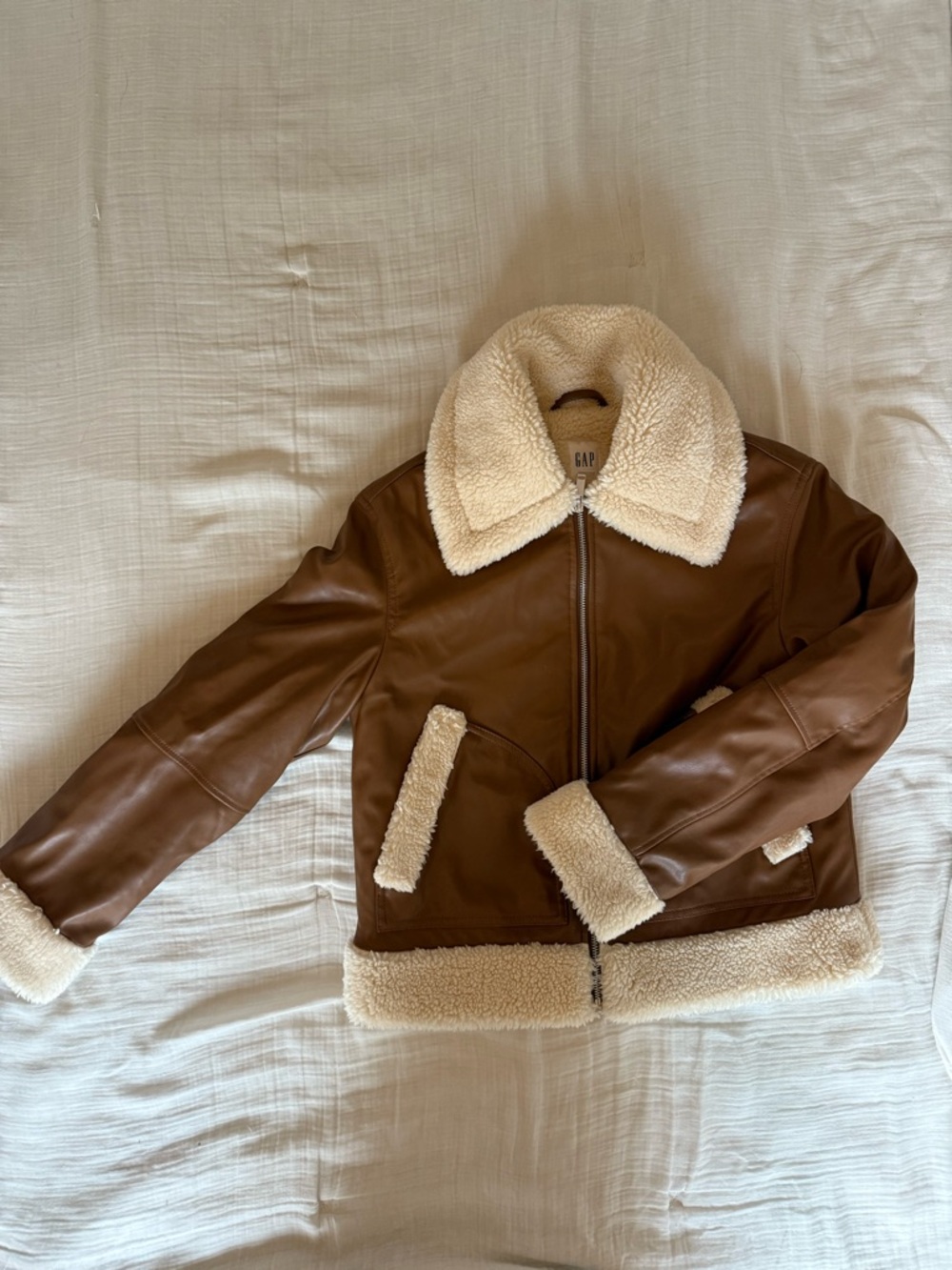 GAP Brown Faux Leather Shearling Jacket with Cream Trim